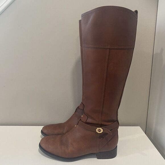 TORY BURCH BRITA Brown Leather Riding Boots 7.5 Gold Logo Tall Knee High Womens - Picture 6 of 16